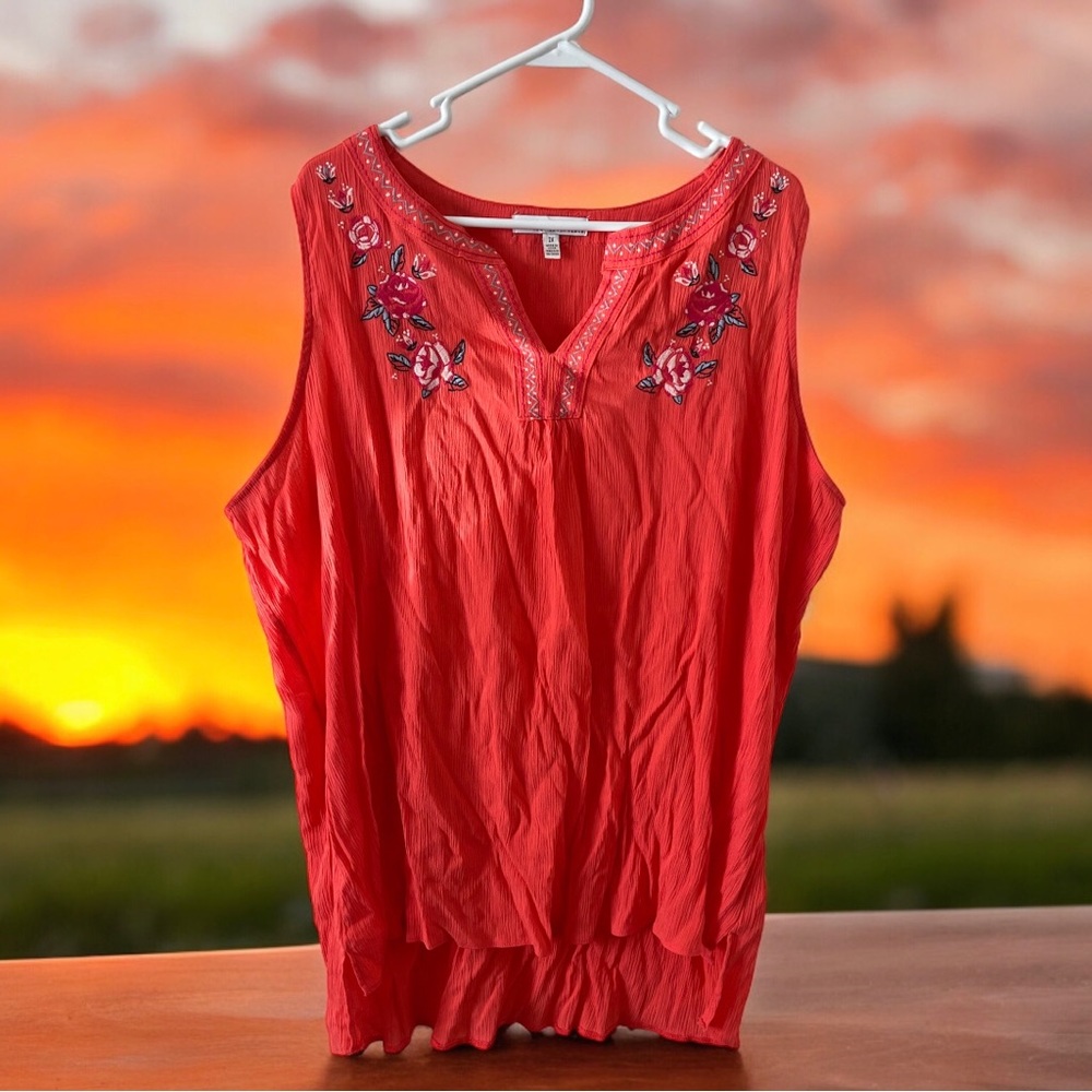 Fourteenth Place Womens‎ 2X Pink Sleeveless Tunic Blouse Floral Embroidered
